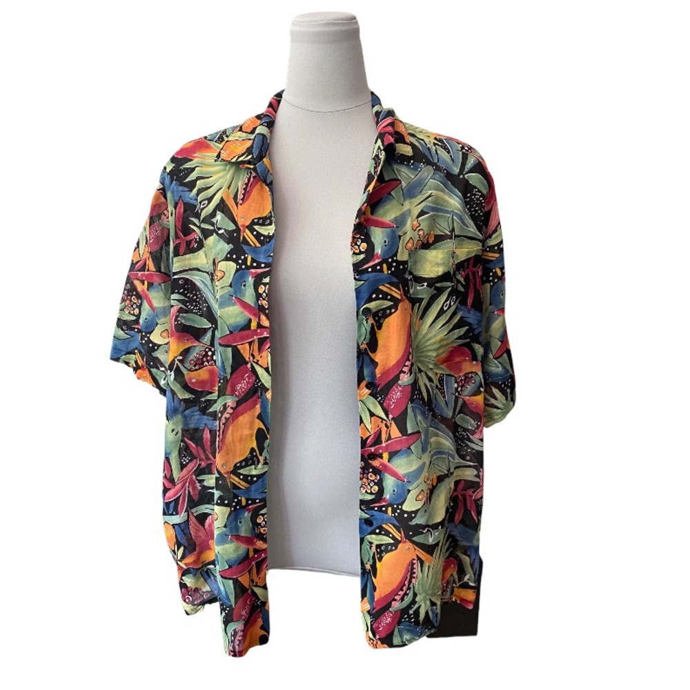 Vintage Tropical Bird Print Button Down Shirt